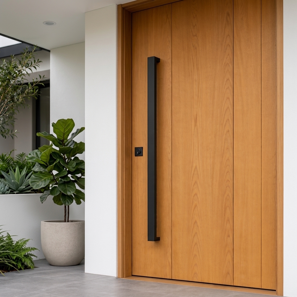 Illustrative timber entrance with a long matte-black pull handle